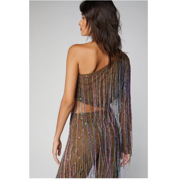 NWT! Nasty Gal One Shoulder Tassel Beaded Crop Top - Picture 3 of 5